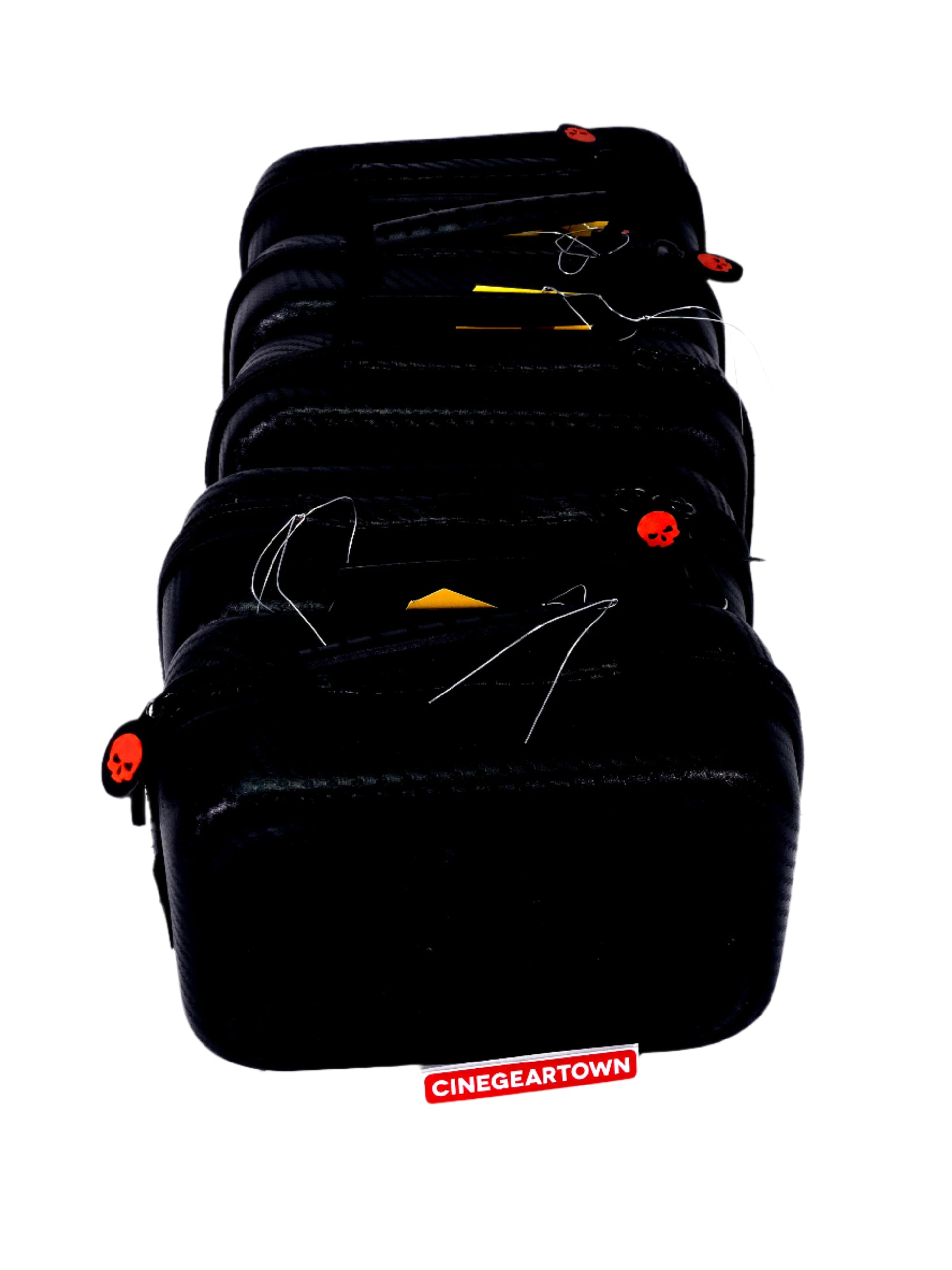 Black camera lens protectors with visible brand name on a white background